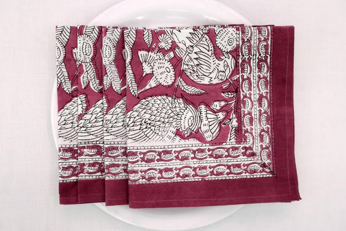 Hand Block Printed Cotton Napkins | Elegant Table Linen- Red and White