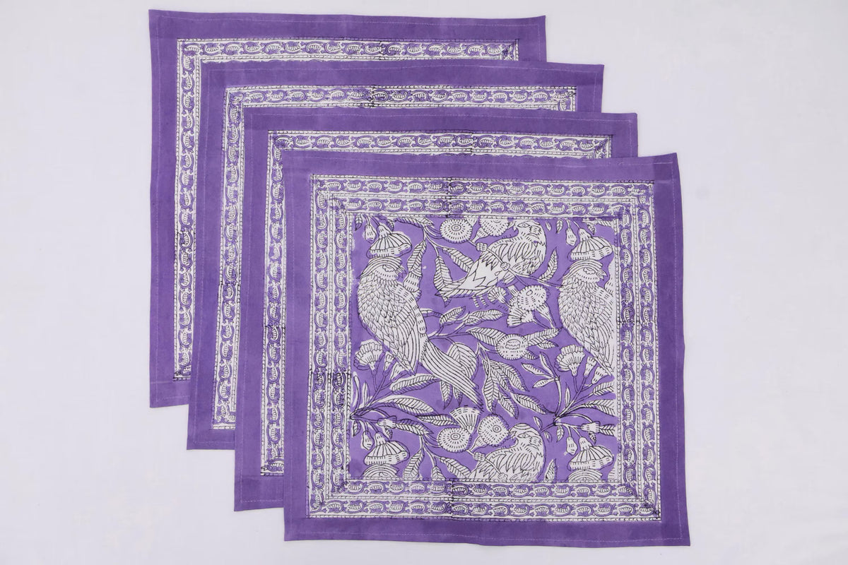 Hand Block Printed Cotton Napkins | Elegant Table Linen- Purple and White