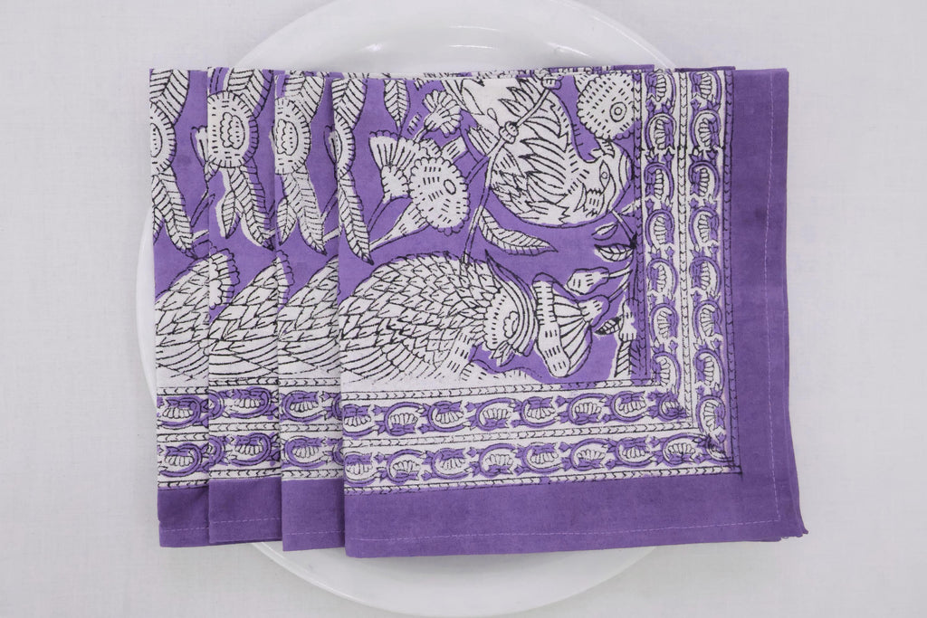 Hand Block Printed Cotton Napkins | Elegant Table Linen- Purple and White
