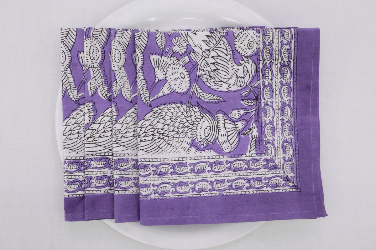 Hand Block Printed Cotton Napkins | Elegant Table Linen- Purple and White