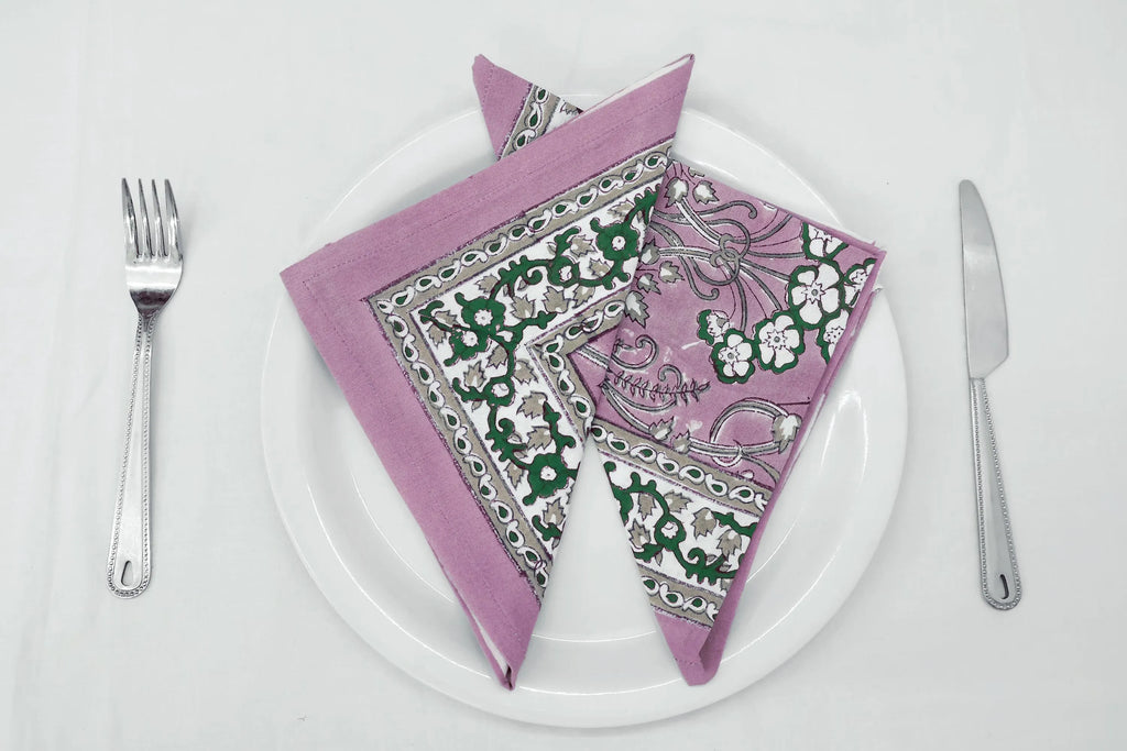 Hand Block Printed Cotton Napkins | Elegant Table Linen- Pink and Green