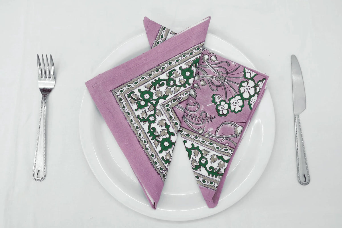 Hand Block Printed Cotton Napkins | Elegant Table Linen- Pink and Green