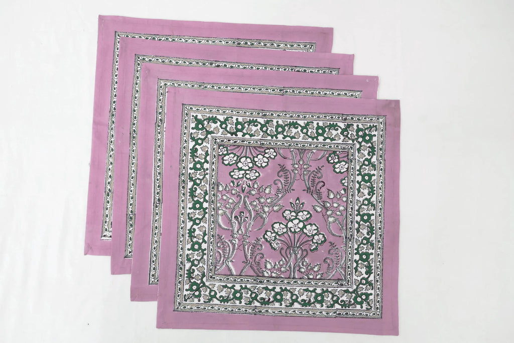 Hand Block Printed Cotton Napkins | Elegant Table Linen- Pink and Green