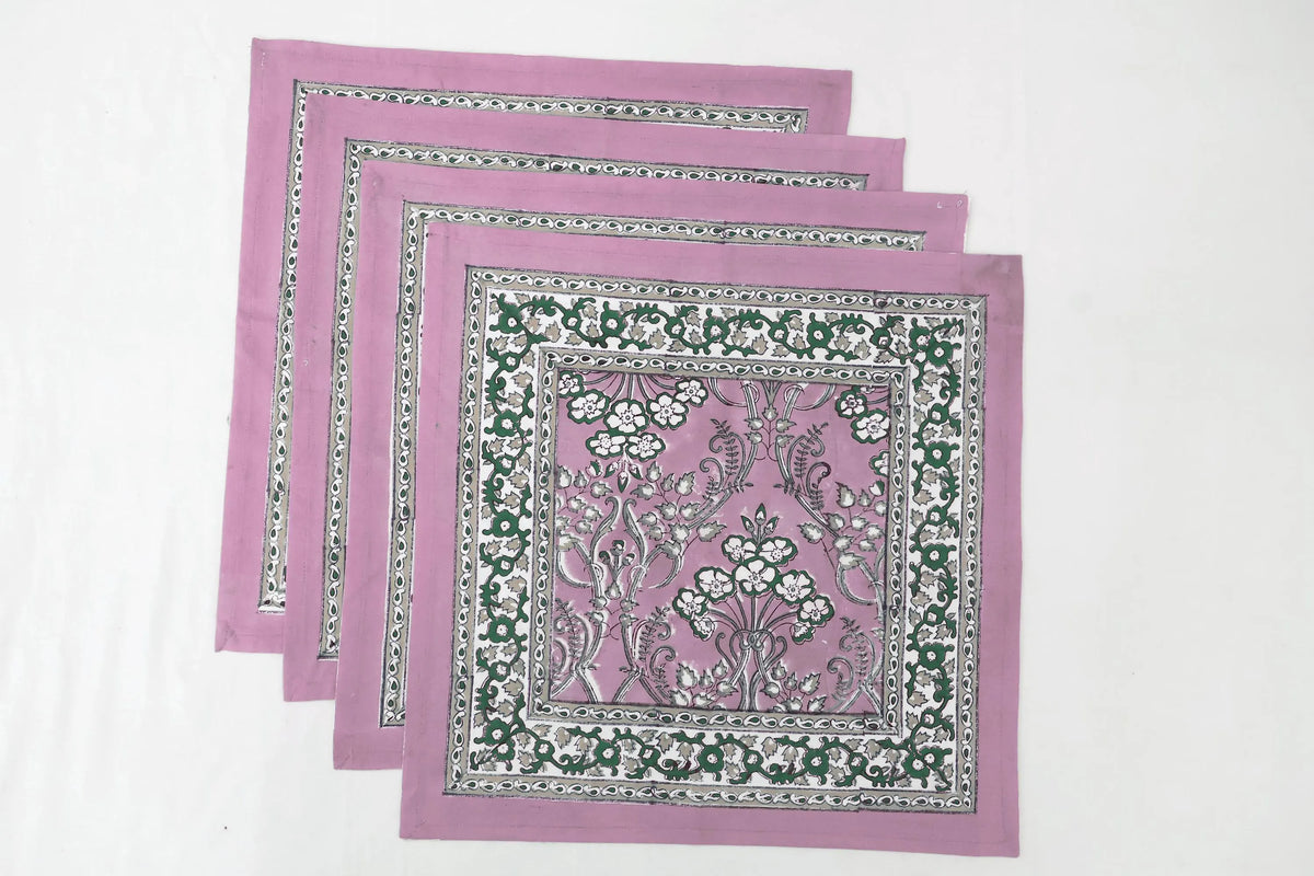 Hand Block Printed Cotton Napkins | Elegant Table Linen- Pink and Green