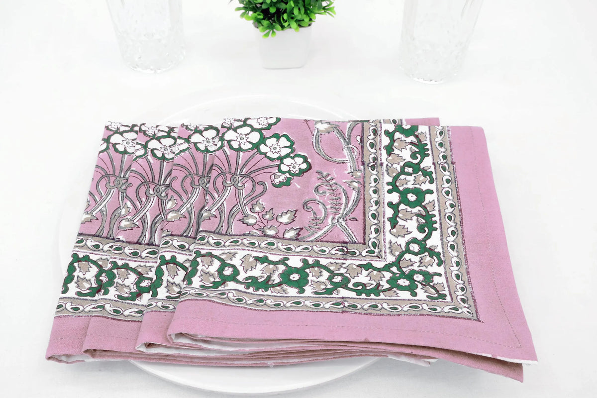 Hand Block Printed Cotton Napkins | Elegant Table Linen- Pink and Green