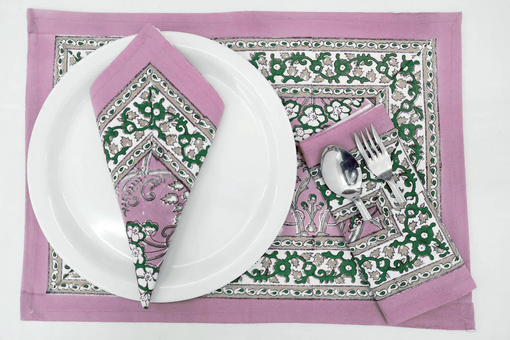 Hand Block Printed Cotton Napkins | Elegant Table Linen- Pink and Green