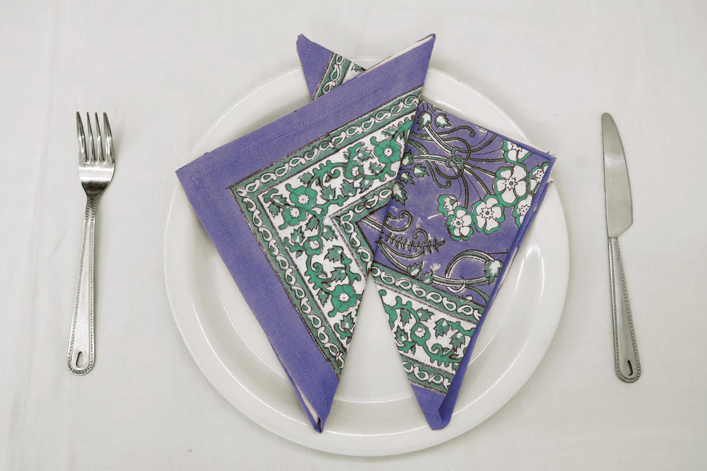 Hand Block Printed Cotton Napkins | Elegant Table Linen- Purple and Green