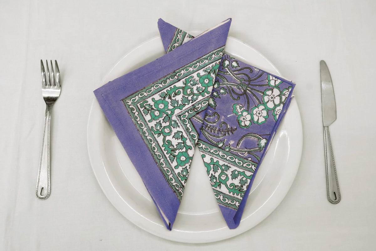 Hand Block Printed Cotton Napkins | Elegant Table Linen- Purple and Green