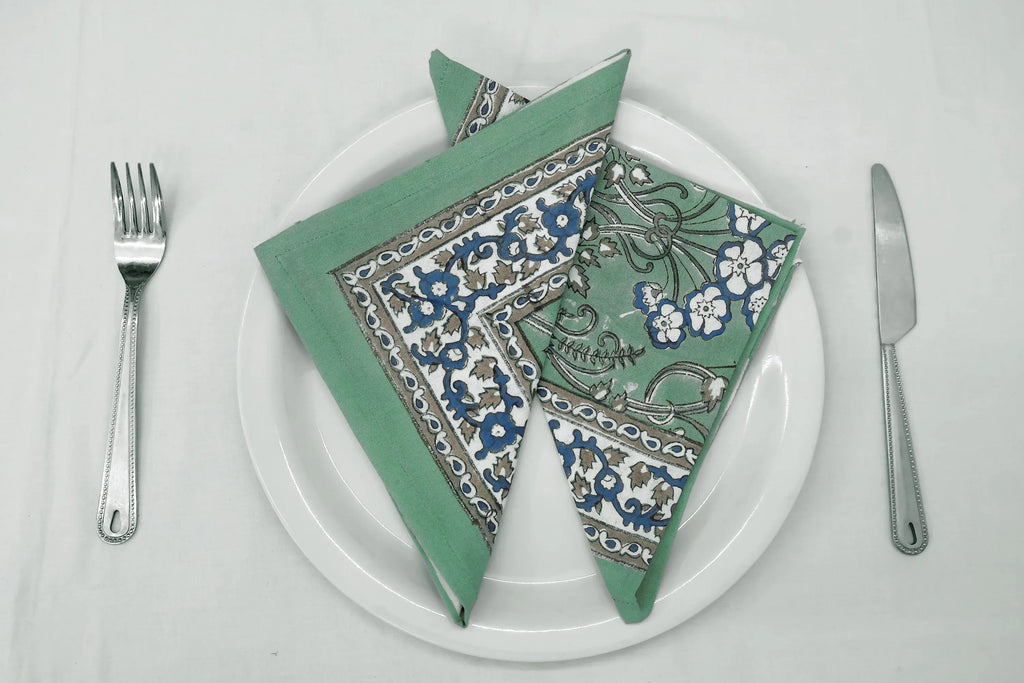 Hand Block Printed Cotton Napkins | Elegant Table Linen- Green and Blue