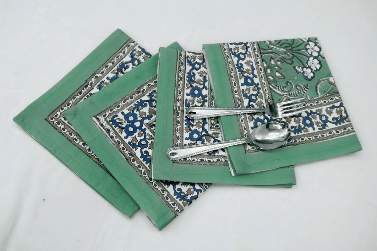Hand Block Printed Cotton Napkins | Elegant Table Linen- Green and Blue