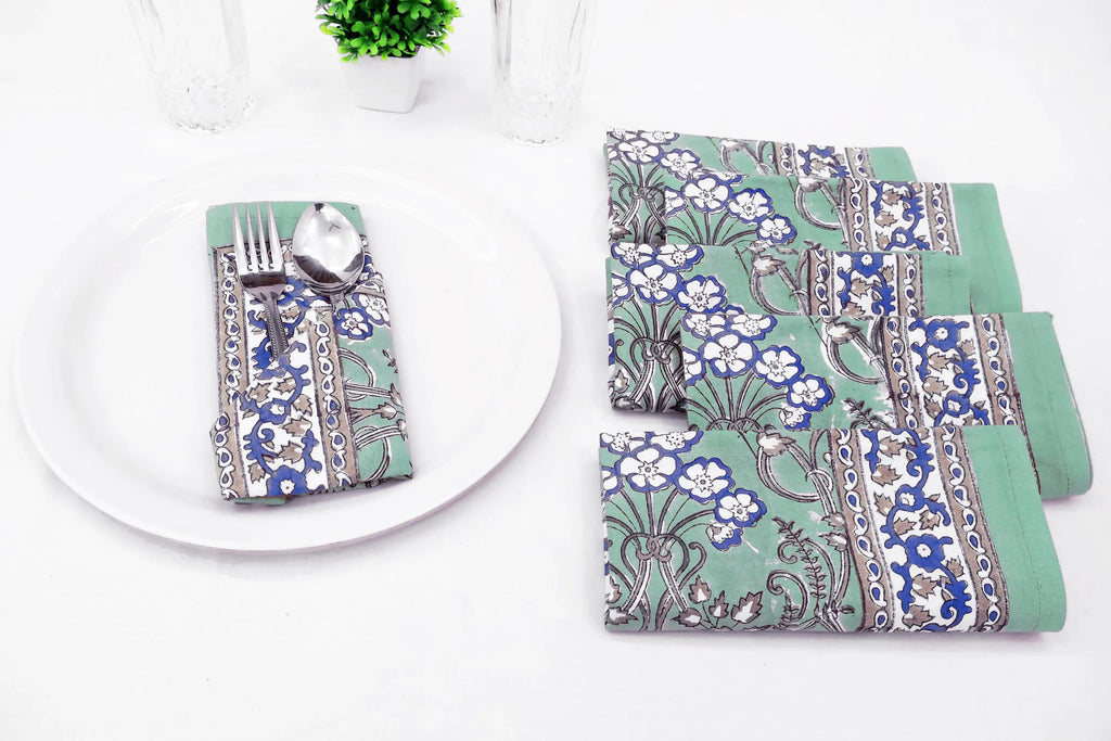 Hand Block Printed Cotton Napkins | Elegant Table Linen- Green and Blue