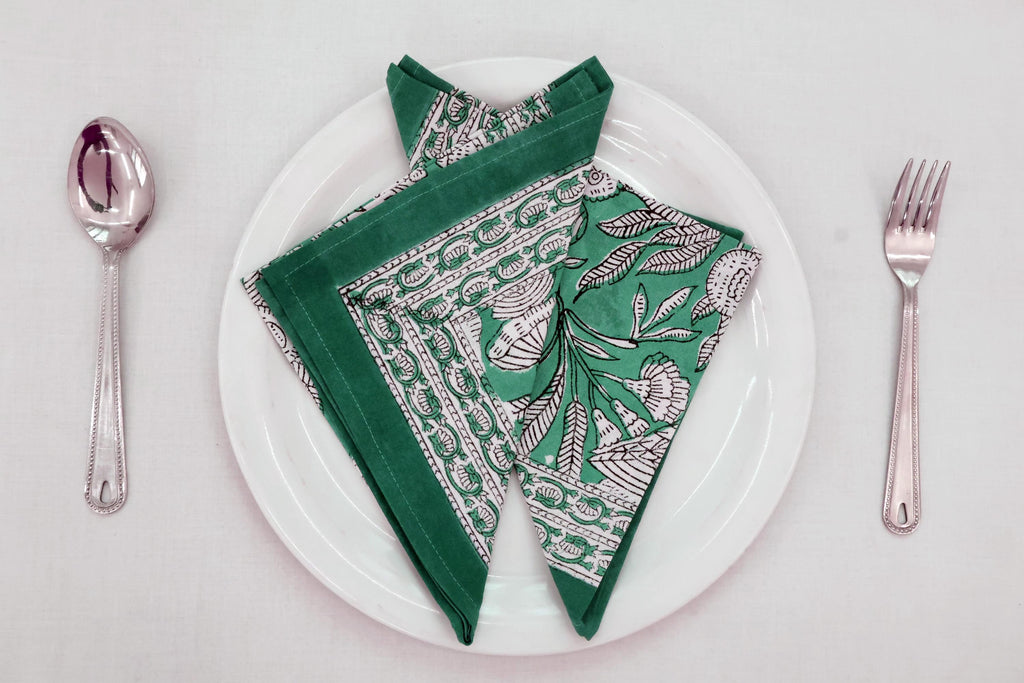 Hand Block Printed Cotton Napkins | Elegant Table Linen- Green and White