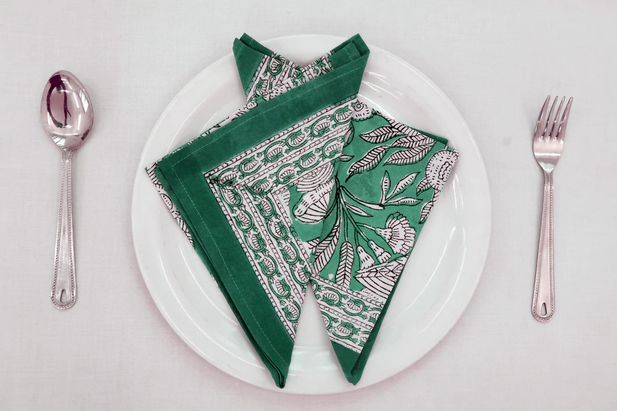 Hand Block Printed Cotton Napkins | Elegant Table Linen- Green and White