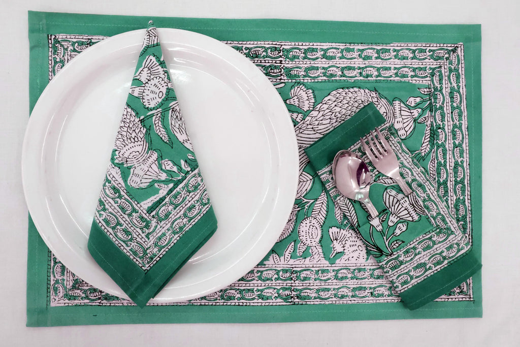 Hand Block Printed Cotton Napkins | Elegant Table Linen- Green and White