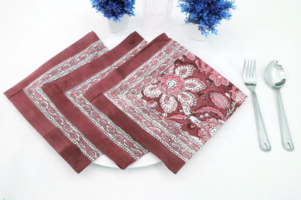 Hand Block Printed Cotton Napkins | Elegant Table Linen- Pink and Maroon