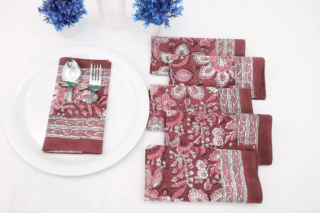 Hand Block Printed Cotton Napkins | Elegant Table Linen- Pink and Maroon