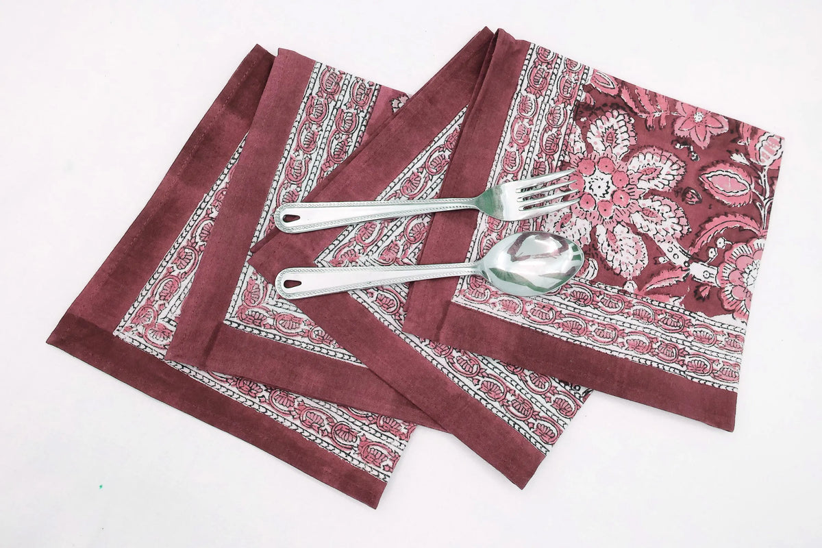 Hand Block Printed Cotton Napkins | Elegant Table Linen- Pink and Maroon