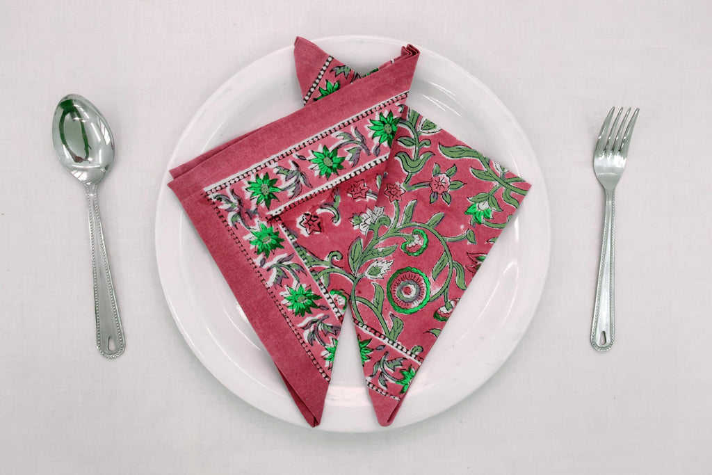 Hand Block Printed Cotton Napkins | Elegant Table Linen- Pink and Green