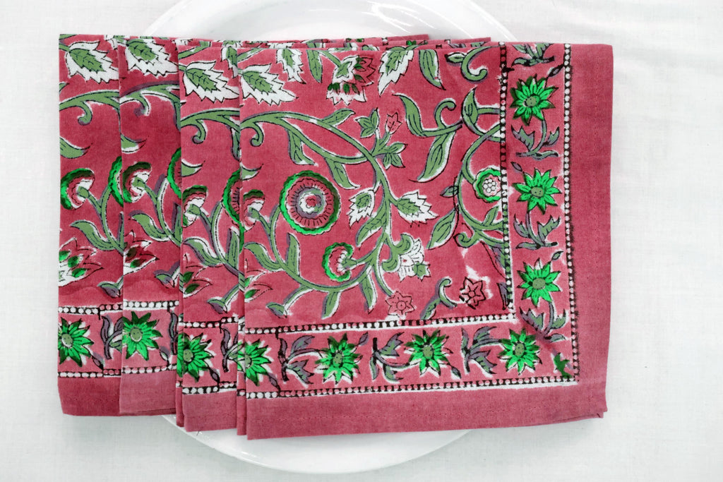 Hand Block Printed Cotton Napkins | Elegant Table Linen- Pink and Green