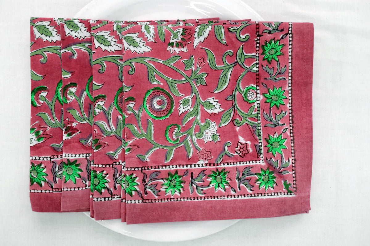 Hand Block Printed Cotton Napkins | Elegant Table Linen- Pink and Green