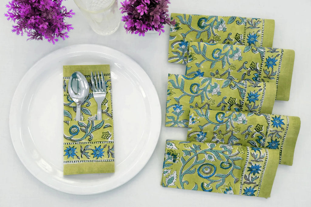 Hand Block Printed Cotton Napkins | Elegant Table Linen- Olive Green and Blue