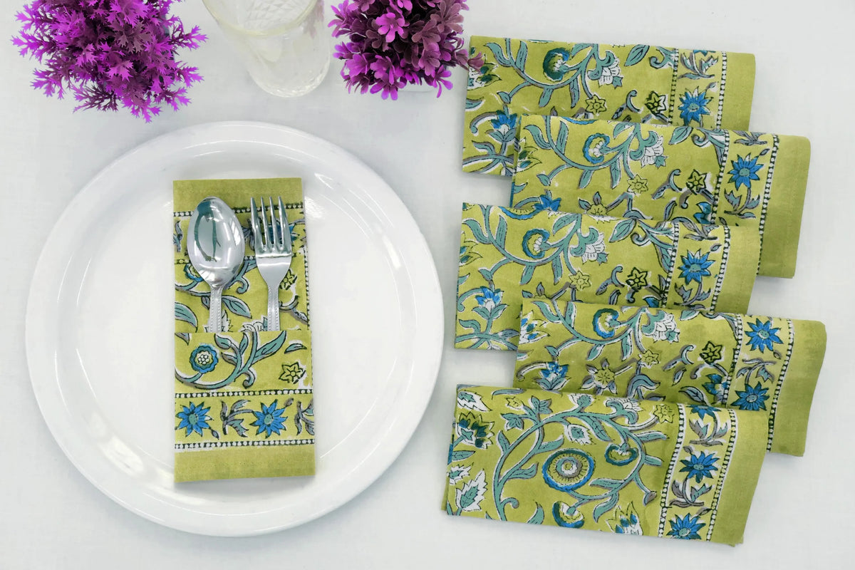 Hand Block Printed Cotton Napkins | Elegant Table Linen- Olive Green and Blue