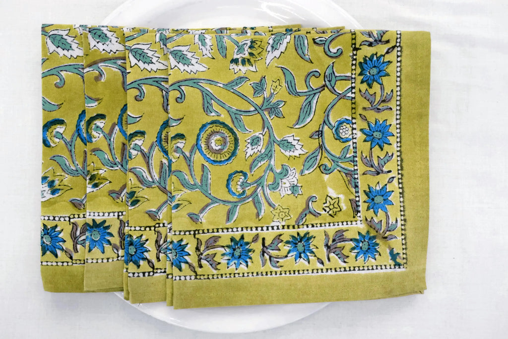 Hand Block Printed Cotton Napkins | Elegant Table Linen- Olive Green and Blue