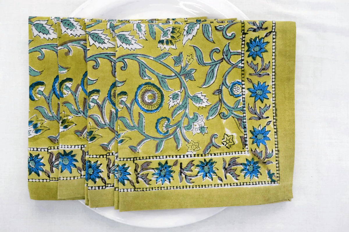 Hand Block Printed Cotton Napkins | Elegant Table Linen- Olive Green and Blue