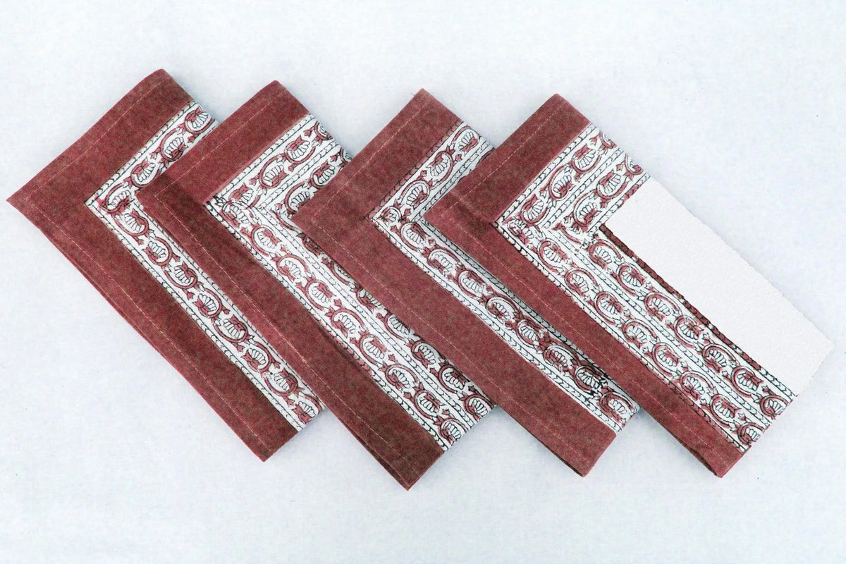 Hand Block Printed Cotton Napkins | Elegant Table Linen- Maroon and White