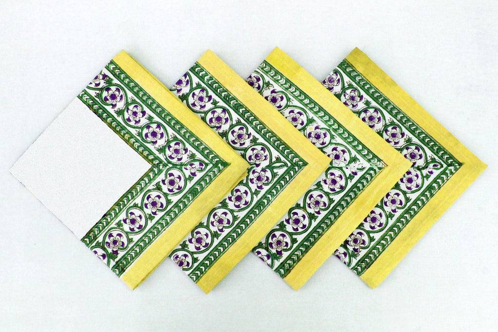 Hand Block Printed Cotton Napkins | Elegant Table Linen- Yellow and Green