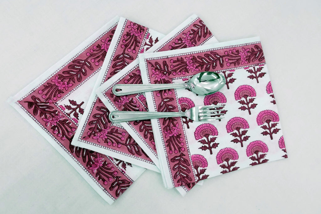 Hand Block Printed Cotton Napkins | Elegant Table Linen- Pink and Brown