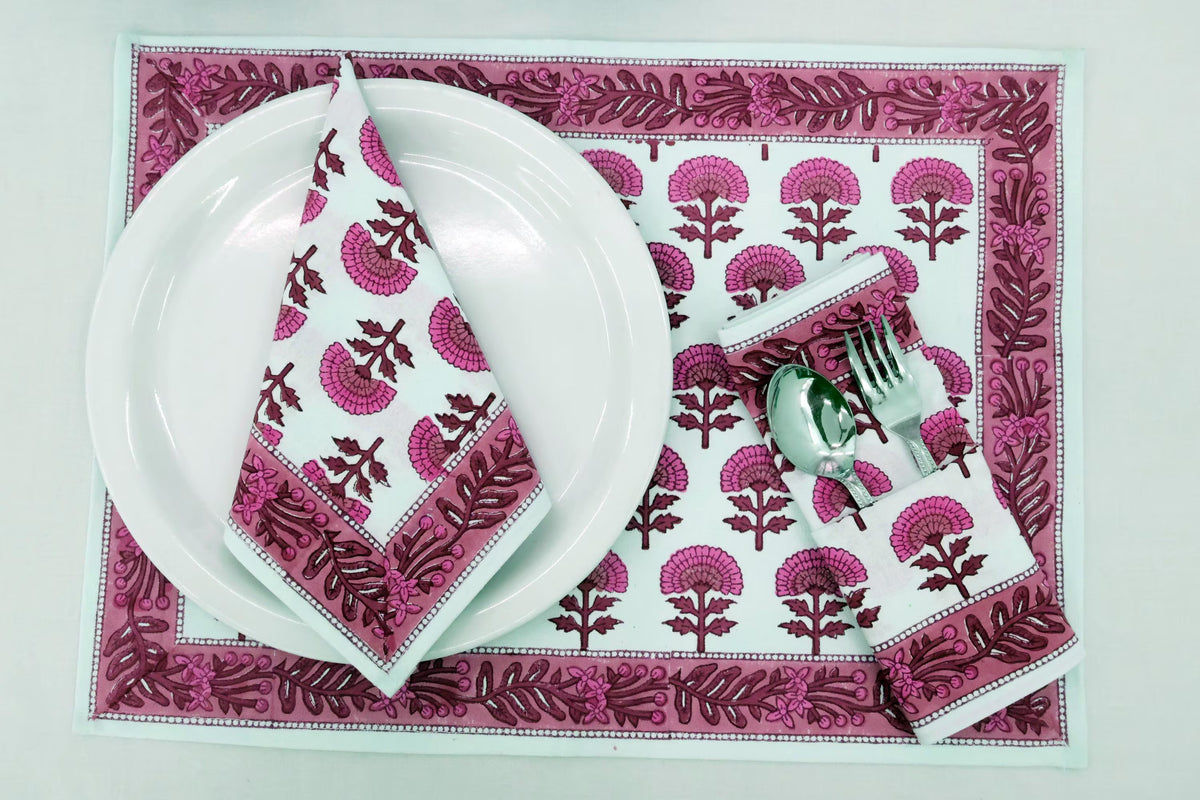 Hand Block Printed Cotton Napkins | Elegant Table Linen- Pink and Brown