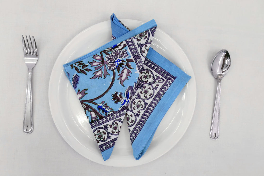 Hand Block Printed Cotton Napkins | Elegant Table Linen- Sky-Blue and  Purple