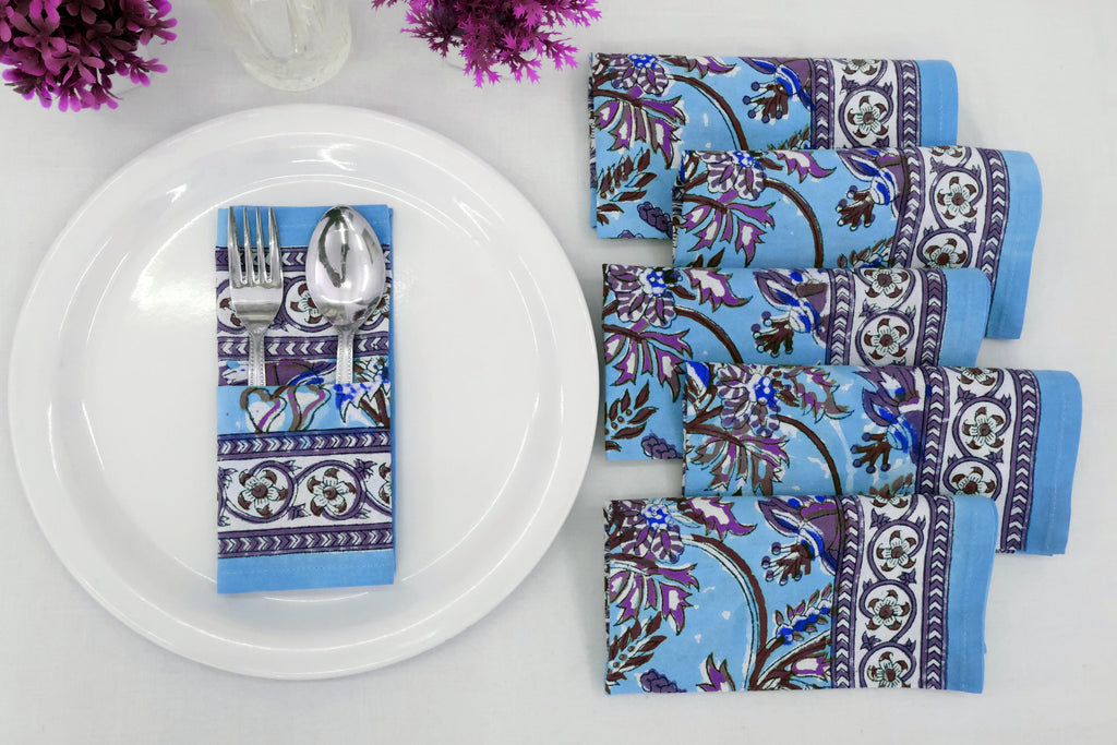 Hand Block Printed Cotton Napkins | Elegant Table Linen- Sky-Blue and  Purple