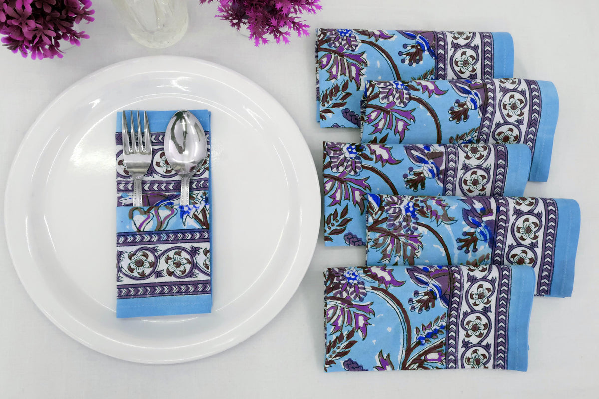 Hand Block Printed Cotton Napkins | Elegant Table Linen- Sky-Blue and  Purple