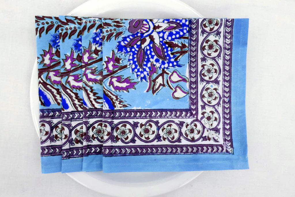 Hand Block Printed Cotton Napkins | Elegant Table Linen- Sky-Blue and  Purple