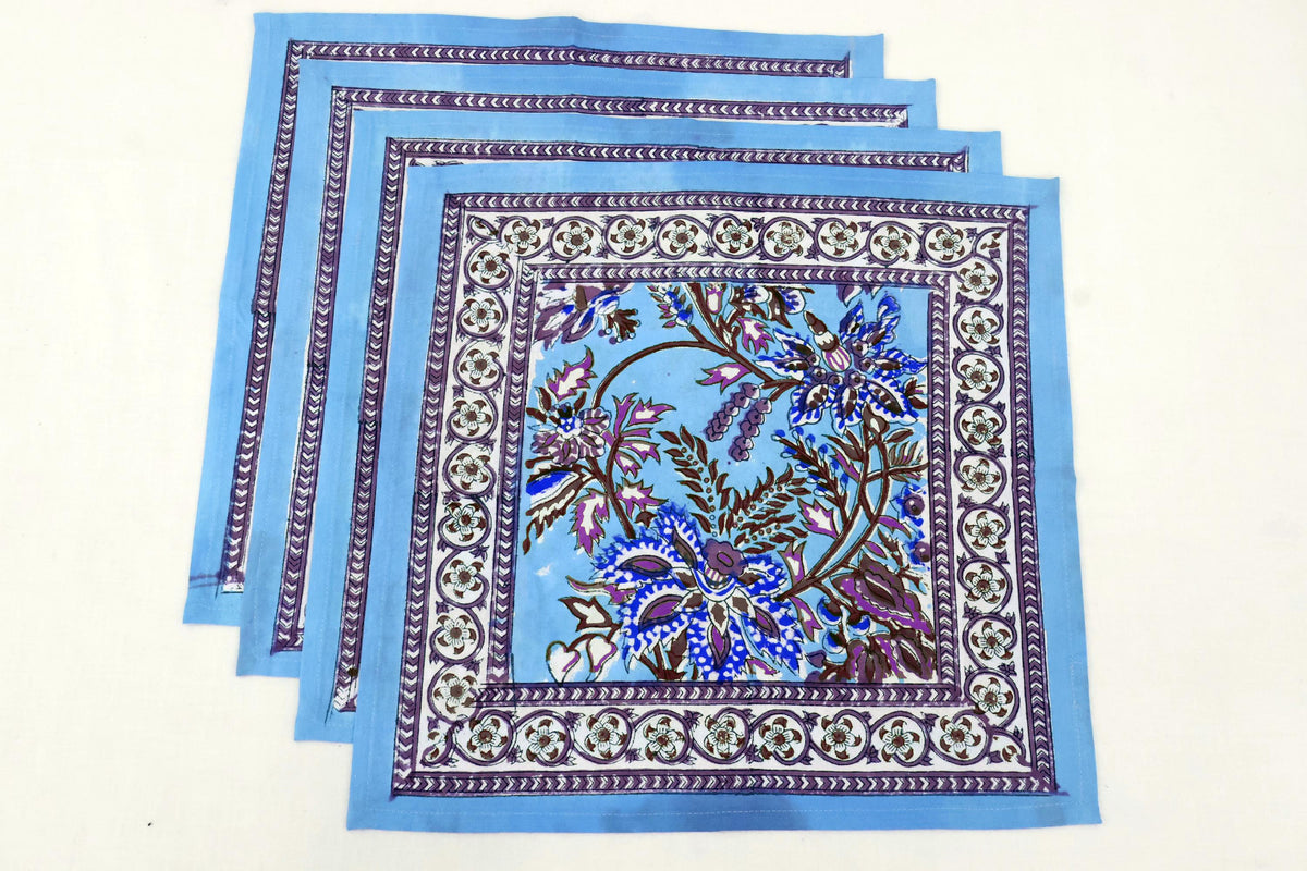 Hand Block Printed Cotton Napkins | Elegant Table Linen- Sky-Blue and  Purple