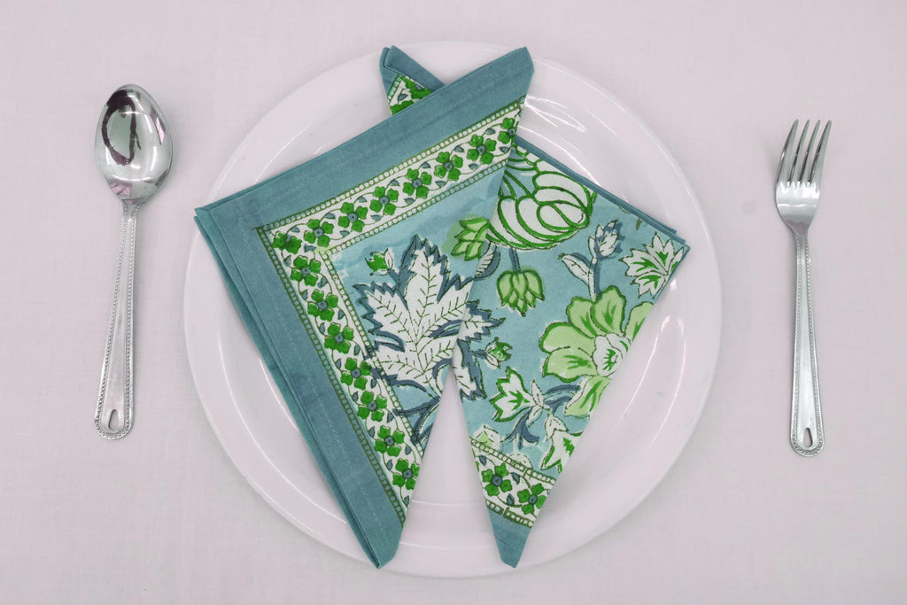 Hand Block Printed Cotton Napkins | Elegant Table Linen- Green and White