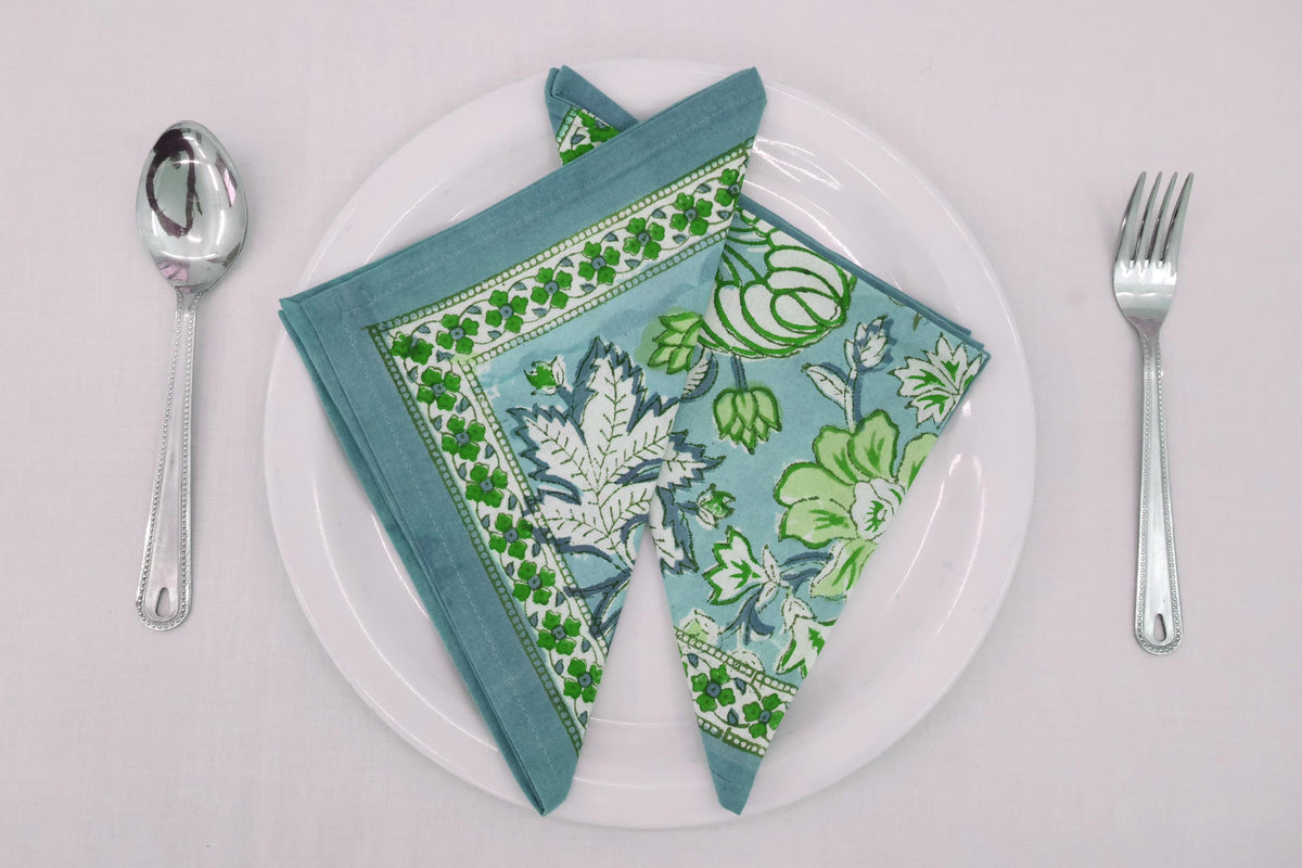 Hand Block Printed Cotton Napkins | Elegant Table Linen- Green and White