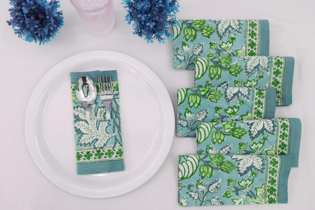 Hand Block Printed Cotton Napkins | Elegant Table Linen- Green and White