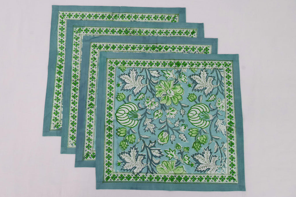 Hand Block Printed Cotton Napkins | Elegant Table Linen- Green and White