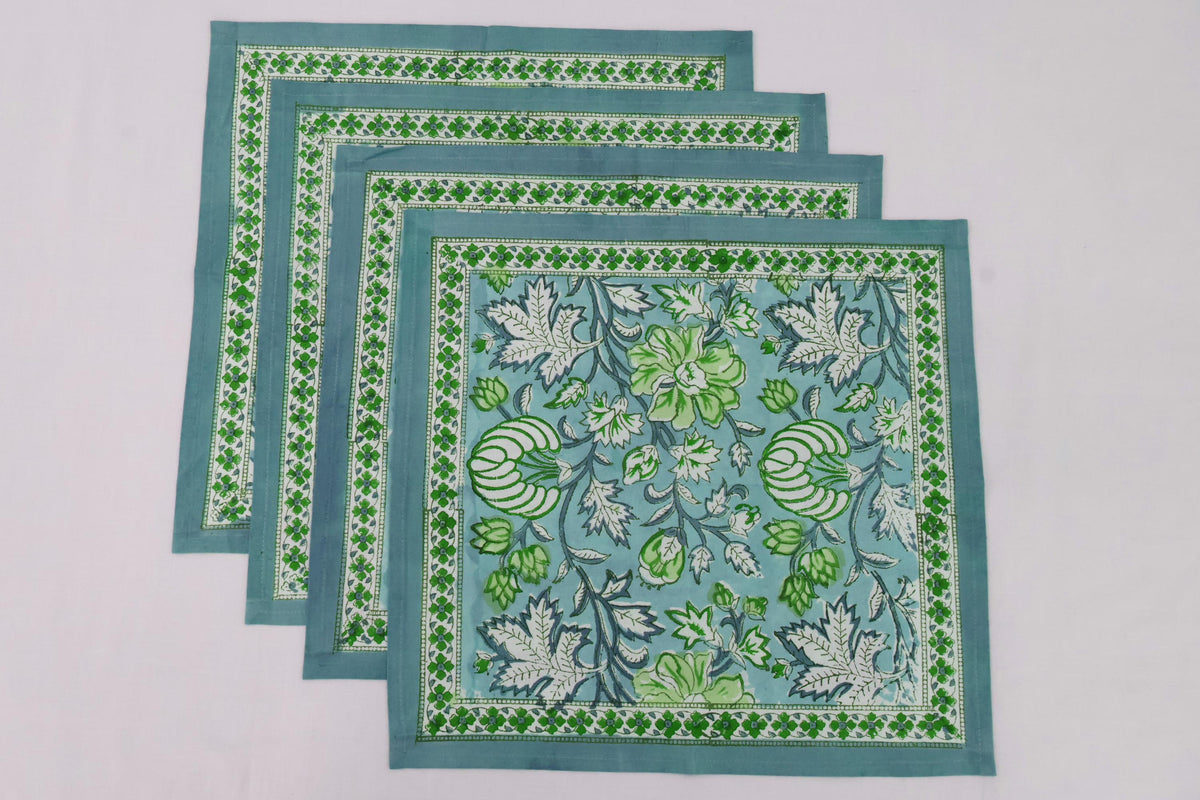 Hand Block Printed Cotton Napkins | Elegant Table Linen- Green and White