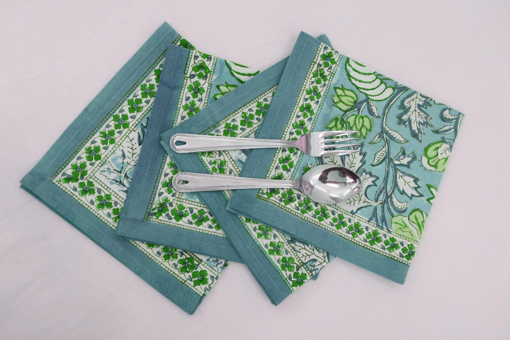 Hand Block Printed Cotton Napkins | Elegant Table Linen- Green and White
