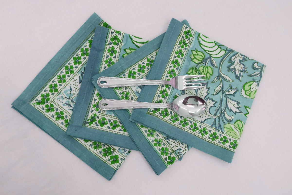 Hand Block Printed Cotton Napkins | Elegant Table Linen- Green and White