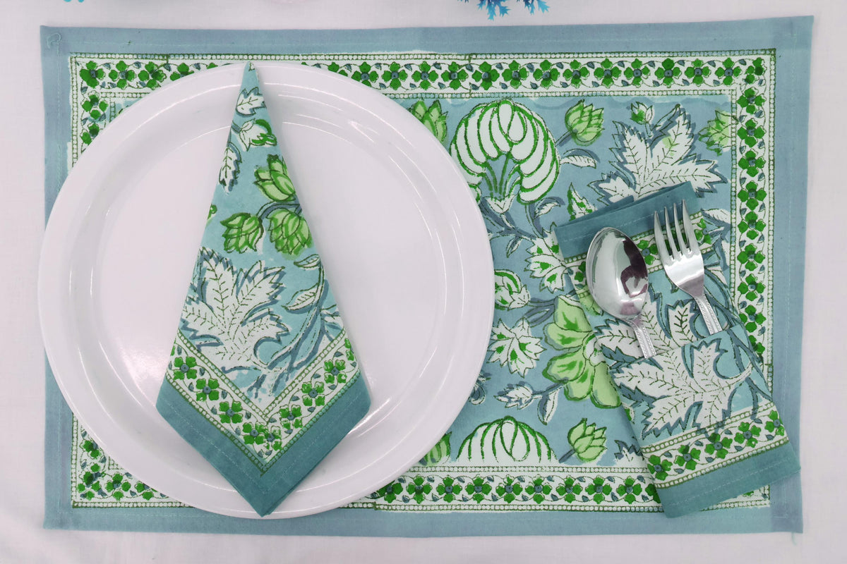 Hand Block Printed Cotton Napkins | Elegant Table Linen- Green and White