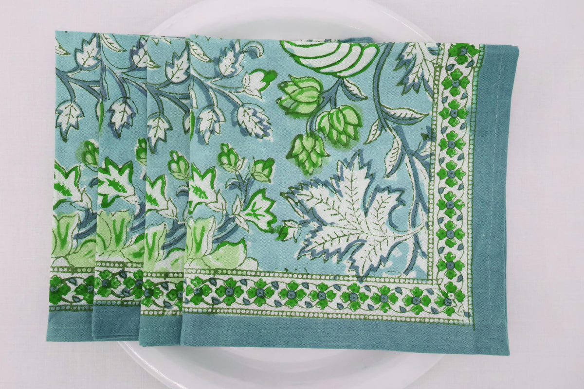 Hand Block Printed Cotton Napkins | Elegant Table Linen- Green and White