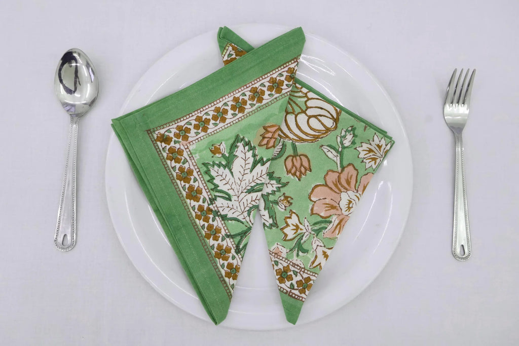 Hand Block Printed Cotton Napkins | Elegant Table Linen- Green and Yellow