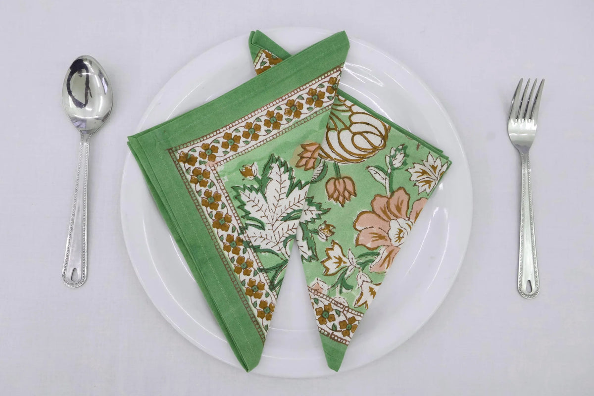 Hand Block Printed Cotton Napkins | Elegant Table Linen- Green and Yellow