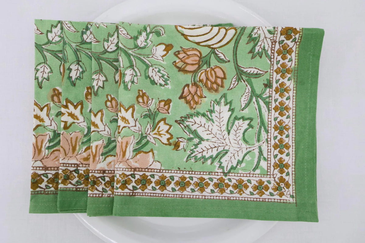 Hand Block Printed Cotton Napkins | Elegant Table Linen- Green and Yellow