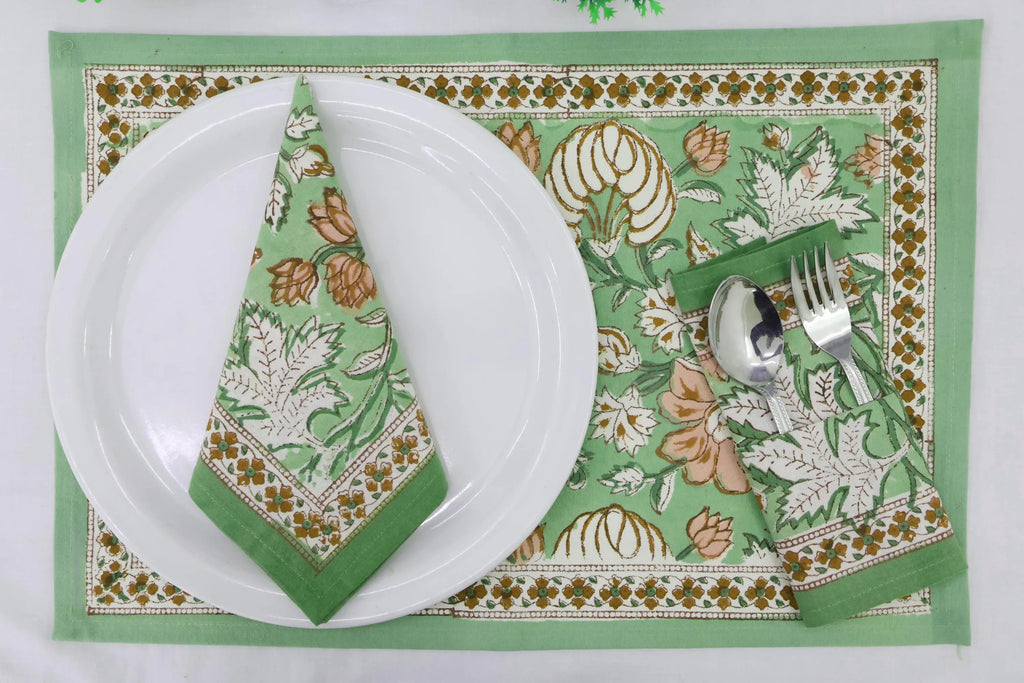 Hand Block Printed Cotton Napkins | Elegant Table Linen- Green and Yellow